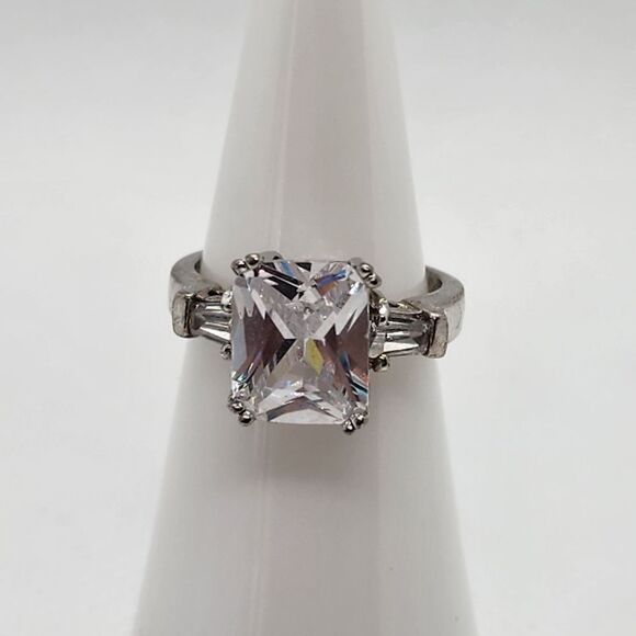 Sterling Silver & Clear Emerald Cut Cubic Zirconia Ring (4.75) - Picture 1 of 7